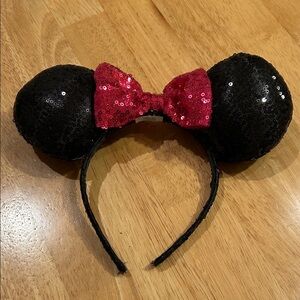 Disney Black Sequin Mouse Ears with Red Bow